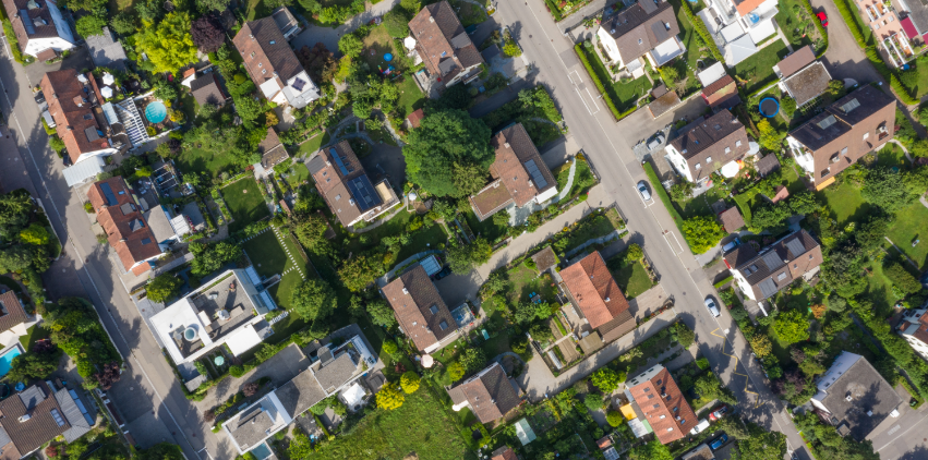 An aerial shot of a suburban neighborhood