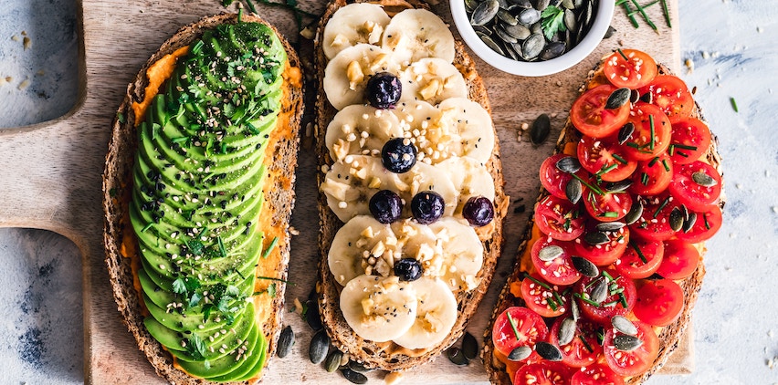 Three plant-based vegetarian toasts for breakfast.