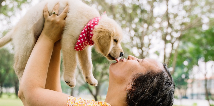 A woman kissing a puppy in the air.