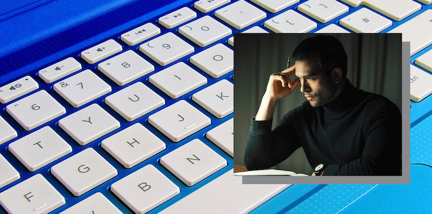 a blue and white keyboard overlayed with a photo of a man