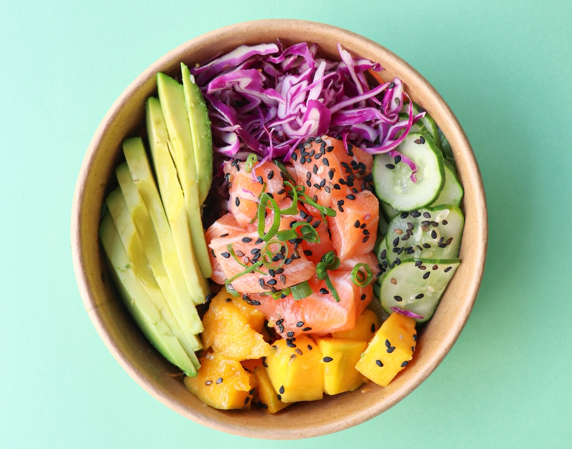 A bowl with salmon and veggies