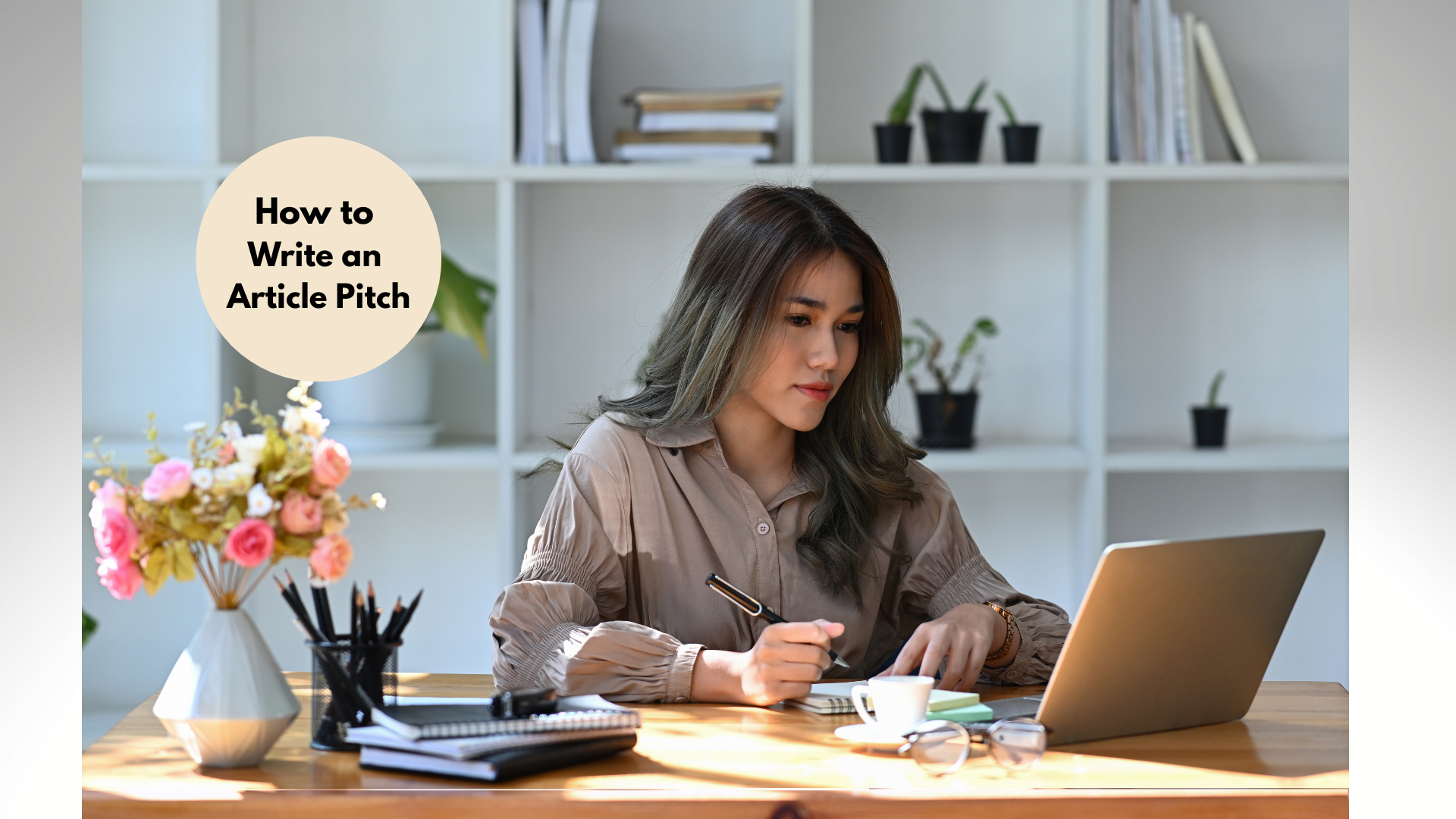 asian woman learning how to write an article pitch on laptop